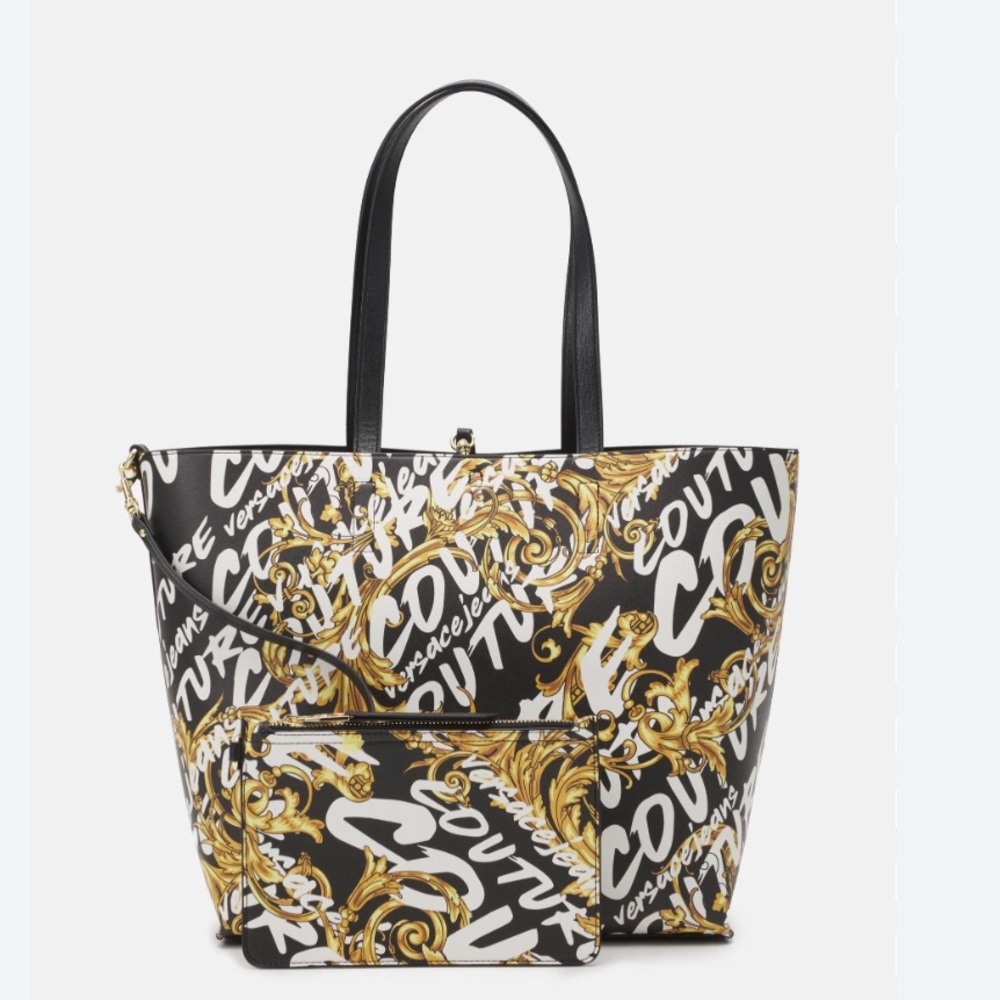 Versace Jeans Collection Black & Gold Reversible Tote and Detachable Pouch RARE